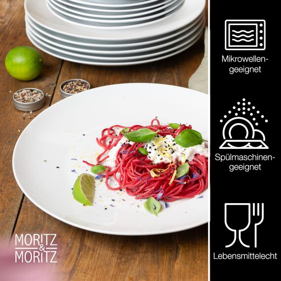 Moritz & Moritz BASIC 36-tlg. Geschirrset 12 Personen modern - aus hochwertigem Porzellan in klassischem Weiß - bestehend aus 12x Dinnerteller, 12x Dessertteller & 12x Schalen