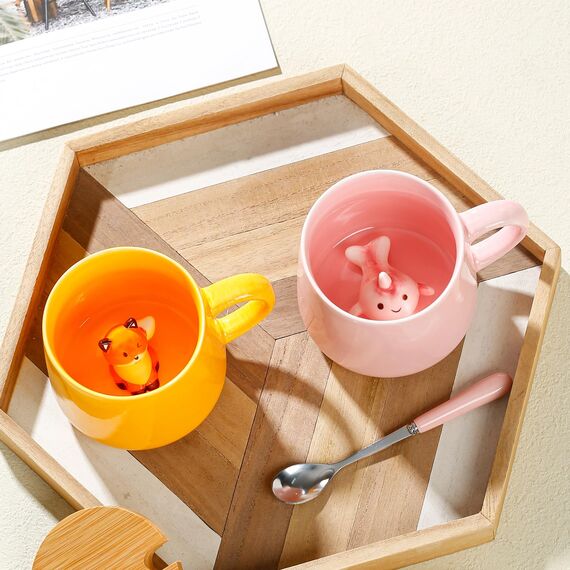 BigNoseDeer Süße Sachen Keramik Füchse Kaffeetasse Teetasse Deckel Löffel Lustige Tassen Geschenke für Frauen Kaffeebecher 3D Tasse Personalisiert Cappuccino Tassen Beste Freundin Jahrestag Geschenk