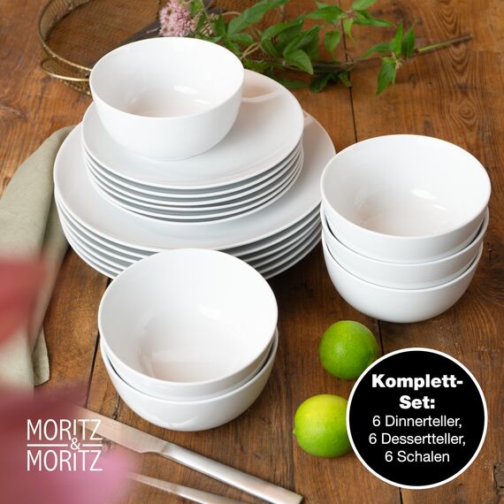 Moritz & Moritz BASIC 18-tlg. Geschirrset 6 Personen modern - aus hochwertigem Porzellan in klassischem Weiß - bestehend aus 6x Dinnerteller, 6x Dessertteller & 6x Schalen