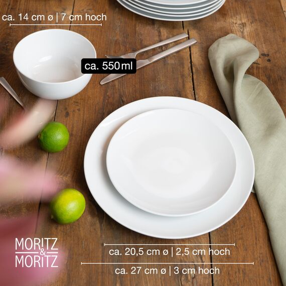 Moritz & Moritz BASIC 48-tlg. Geschirrset 12 Personen modern - aus hochwertigem Porzellan in klassischem Weiß - bestehend aus 12x Dinnerteller, 12x Dessertteller, 12x Schalen & 12x Tassen