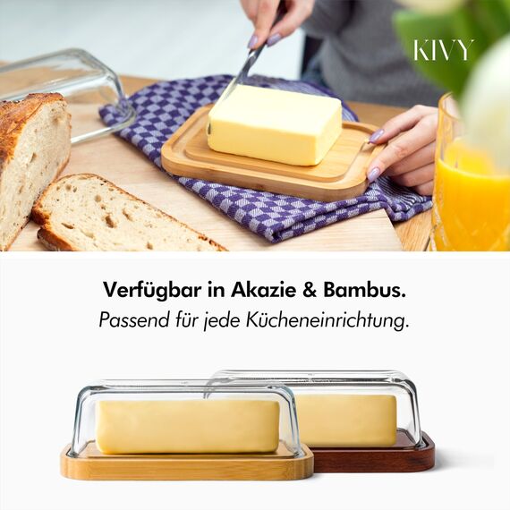 KIVY Butterdose Glas mit luftdichtem Deckel für streichzarte Butter - BPA Frei - Butterdosen - Butter dish - Butterschale mit Deckel - Butterdose mit Deckel - Butter Box Dose - Butterbox Akazie Holz