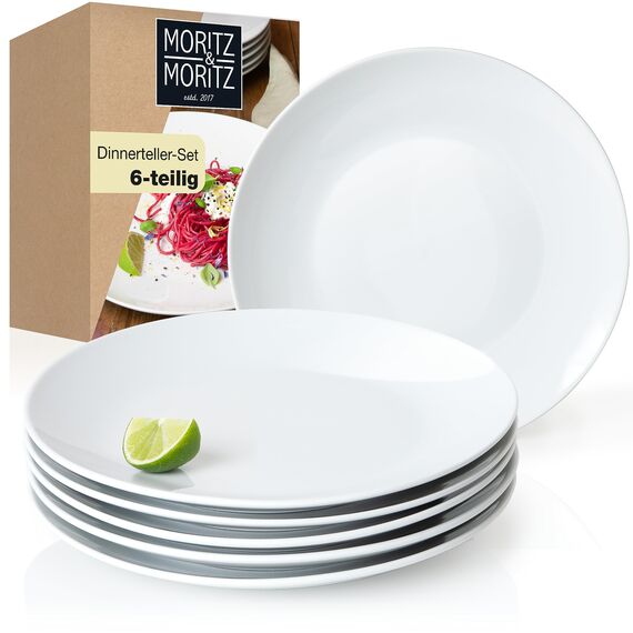 Moritz & Moritz BASIC Essteller Set 6 Personen modern - Ø 27 cm - Hochwertiges Porzellan Geschirr Set weiß - Flache Teller 6er Set perfekt als Essteller, Tafelgeschirr und Servierteller