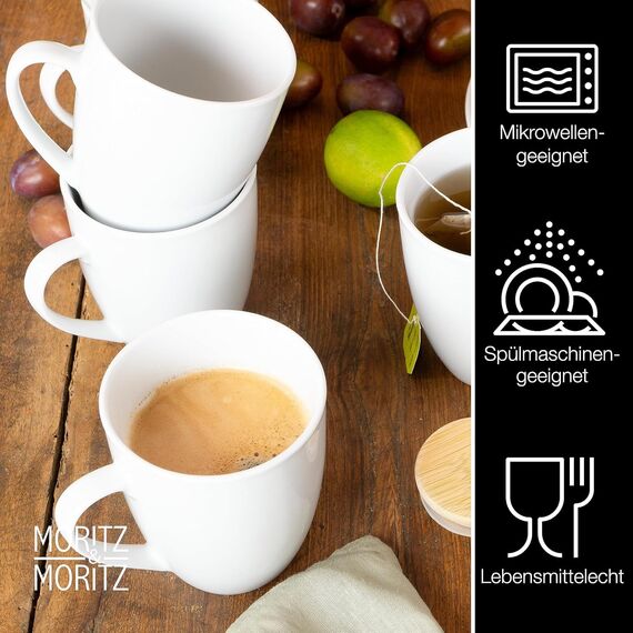 Moritz & Moritz BASIC Kaffeetassen Set 6-teilig - ca. 300ml aus hochwertigem Porzellan in klassischem Weiß - Perfekt für Kaffee, Tee, heiße Schokolade, Cappuccino