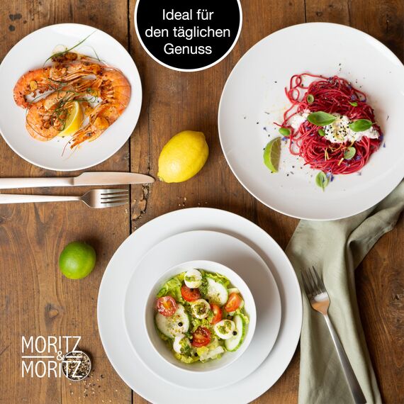 Moritz & Moritz BASIC 48-tlg. Geschirrset 12 Personen modern - aus hochwertigem Porzellan in klassischem Weiß - bestehend aus 12x Dinnerteller, 12x Dessertteller, 12x Schalen & 12x Tassen