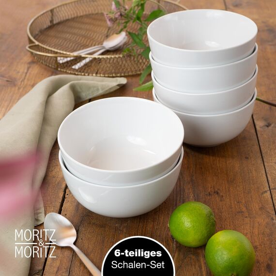 Moritz & Moritz BASIC Schüssel Set 6-teilig - Ø 14 x 7 cm mit ca. 500 ml Füllmenge - aus hochwertigem Porzellan in klassischem Weiß - Für Suppen, Salate, Desserts, Müsli und mehr