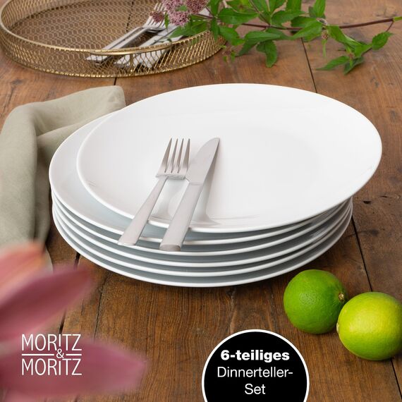 Moritz & Moritz BASIC Essteller Set 6 Personen modern - Ø 27 cm - Hochwertiges Porzellan Geschirr Set weiß - Flache Teller 6er Set perfekt als Essteller, Tafelgeschirr und Servierteller
