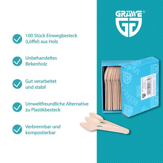 GRÄWE Einwegbesteck Holz-Kaffeelöffel, 300 Stück, Holzbesteck, umweltfreundlich aus Holz, biologisch abbaubar