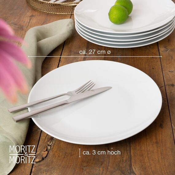 Moritz & Moritz BASIC Essteller Set 6 Personen modern - Ø 27 cm - Hochwertiges Porzellan Geschirr Set weiß - Flache Teller 6er Set perfekt als Essteller, Tafelgeschirr und Servierteller