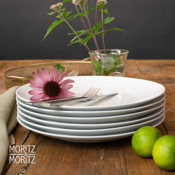Moritz & Moritz BASIC Essteller Set 6 Personen modern - Ø 27 cm - Hochwertiges Porzellan Geschirr Set weiß - Flache Teller 6er Set perfekt als Essteller, Tafelgeschirr und Servierteller