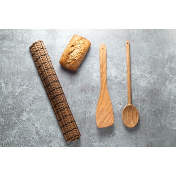 Fackelmann OLIVE Pfannenwender 30 cm – Eleganter Holzwender aus Olivenholz mit Einzigartiger Maserung, Spülmaschinenfest, Braun