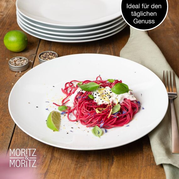 Moritz & Moritz BASIC Essteller Set 6 Personen modern - Ø 27 cm - Hochwertiges Porzellan Geschirr Set weiß - Flache Teller 6er Set perfekt als Essteller, Tafelgeschirr und Servierteller