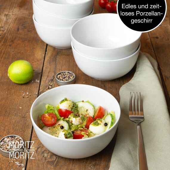 Moritz & Moritz BASIC Schüssel Set 6-teilig - Ø 14 x 7 cm mit ca. 500 ml Füllmenge - aus hochwertigem Porzellan in klassischem Weiß - Für Suppen, Salate, Desserts, Müsli und mehr