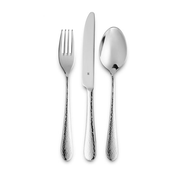 WMF Sitello Besteck Set 6 Personen, Cromargan, Essbesteck Set 30 teilig, Monobloc-Messer, Cromargan Edelstahl poliert, Hammerschlag, ergonomisch, glänzend, spülmaschinengeeignet, silber