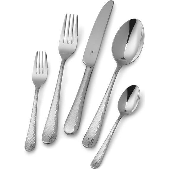 WMF Sitello Besteck Set 6 Personen, Cromargan, Essbesteck Set 30 teilig, Monobloc-Messer, Cromargan Edelstahl poliert, Hammerschlag, ergonomisch, glänzend, spülmaschinengeeignet, silber