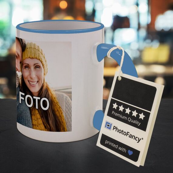 PhotoFancy® - Tasse mit Foto Bedrucken Lassen - Fototasse Personalisieren – Kaffeebecher zum selbst gestalten (Hellblau)