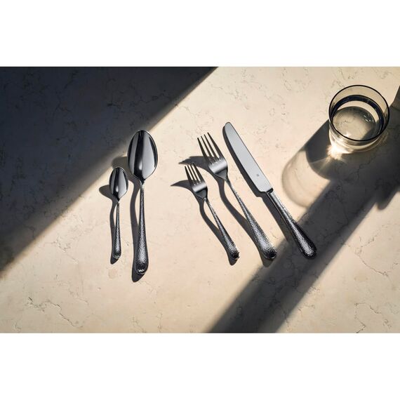 WMF Sitello Besteck Set 6 Personen, Cromargan, Essbesteck Set 30 teilig, Monobloc-Messer, Cromargan Edelstahl poliert, Hammerschlag, ergonomisch, glänzend, spülmaschinengeeignet, silber