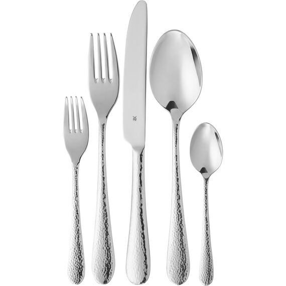 WMF Sitello Besteck Set 6 Personen, Cromargan, Essbesteck Set 30 teilig, Monobloc-Messer, Cromargan Edelstahl poliert, Hammerschlag, ergonomisch, glänzend, spülmaschinengeeignet, silber