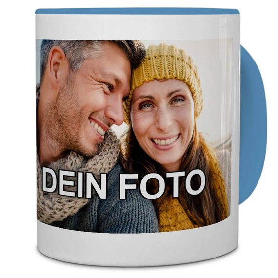PhotoFancy® - Tasse mit Foto Bedrucken Lassen - Fototasse Personalisieren – Kaffeebecher zum selbst gestalten (Hellblau)
