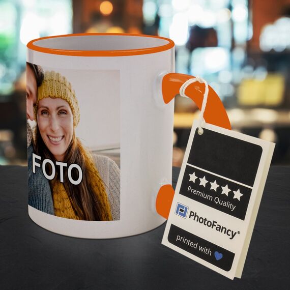 PhotoFancy® - Tasse mit Foto Bedrucken Lassen - Fototasse Personalisieren – Kaffeebecher zum selbst gestalten (Orange)