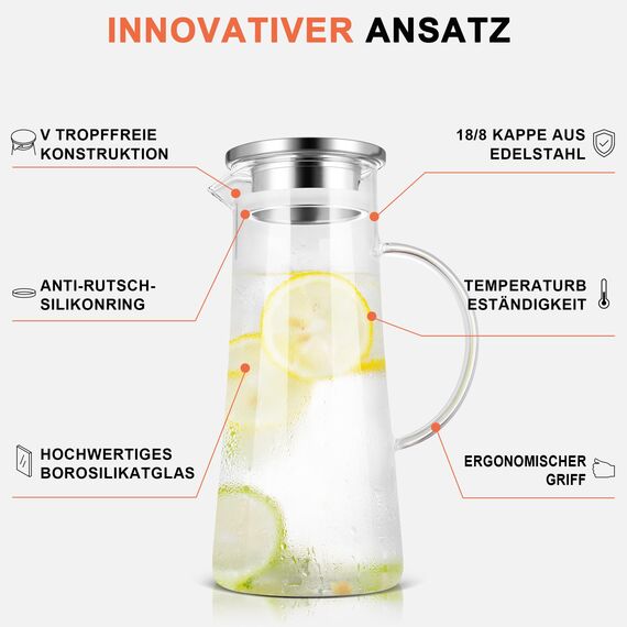 SUSTEAS 1.5 Liter Glaskaraffe, Karaffe mit Deckel, Eistee Krug Wasserkrug heißes kaltes Wasser Eistee Wein Kaffee Milch und Saft Getränkekaraffe wasserkaraffe