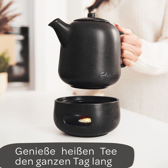 STEINZEIT Design Teekanne mit Stövchen (1,3L) – mit Siebeinsatz aus rostfreiem 304 Edelstahl – Keramik mit einzigartiger Glasur mit Sieb herausnehmbar , schwarz