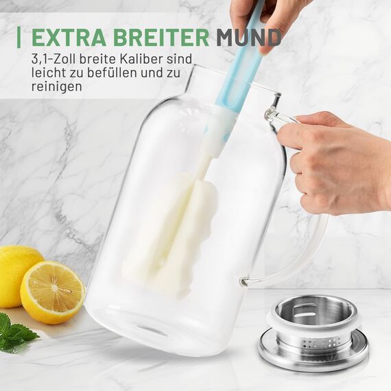 SUSTEAS 2.5 Liter 75oz Glaskaraffe mit Deckel, Leicht zu Reinigende Hitzebeständige Wasserkaraffe mit Griff für Heiße/Kalte Getränke - Wasser, Cold Brew, Eistee & Saft, Mit Bürste