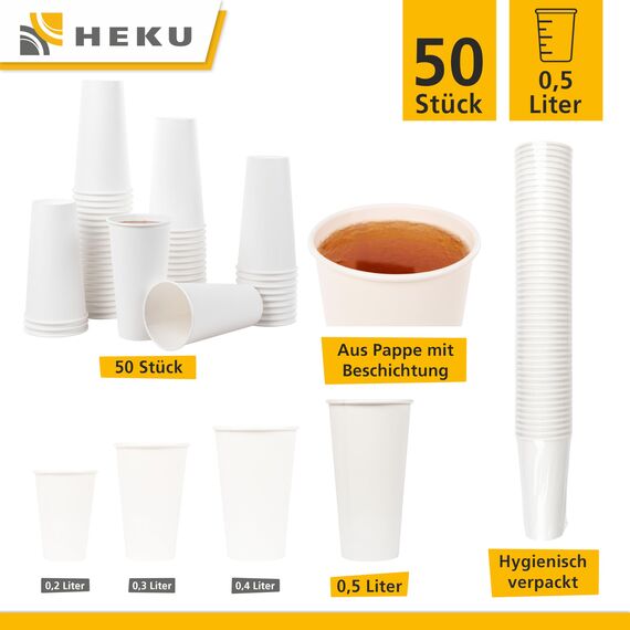 HEKU 50 weiße Pappbecher 0,5l | Frischfaser mit Beschichtung | Umweltfreundlich & recyclingfähig | FSC-Zertifiziert | Für Heiß- und Kaltgetränke | Ideal für Veranstaltungen, Büros und Cafés
