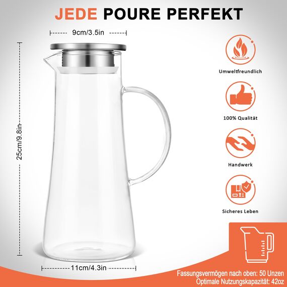 SUSTEAS 1.5 Liter Glaskaraffe, Karaffe mit Deckel, Eistee Krug Wasserkrug heißes kaltes Wasser Eistee Wein Kaffee Milch und Saft Getränkekaraffe wasserkaraffe