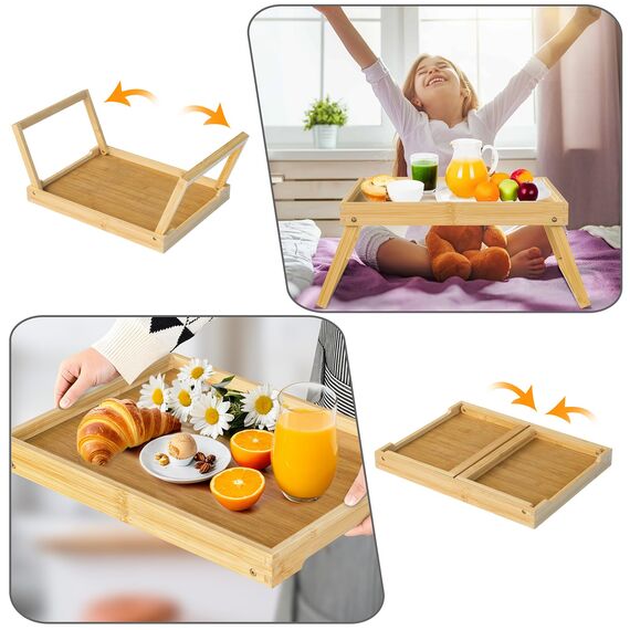 Betttablett Tisch mit klappbaren Beinen, Bambus Frühstück im Bett Essen, Servieren oder Verwendung als Serviertablett, Laptop-Schreibtisch, Snack-Tablett (Beige)