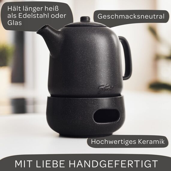 STEINZEIT Design Teekanne mit Stövchen (1,3L) – mit Siebeinsatz aus rostfreiem 304 Edelstahl – Keramik mit einzigartiger Glasur mit Sieb herausnehmbar , schwarz