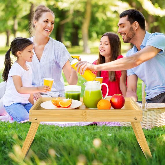 Betttablett Tisch mit klappbaren Beinen, Bambus Frühstück im Bett Essen, Servieren oder Verwendung als Serviertablett, Laptop-Schreibtisch, Snack-Tablett (Beige)