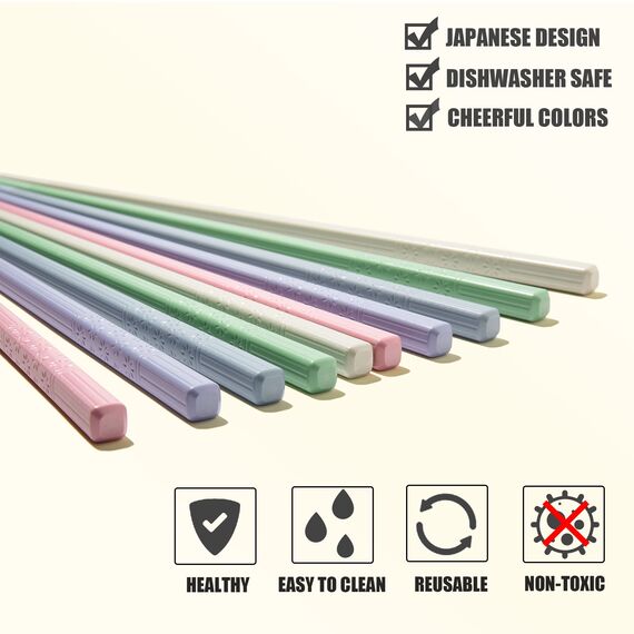 SUPJOYES 5 Paar Fiberglas Essstäbchen, Buntes Wiederverwendbare Japanische Essstäbchen, Essstäbchen Spülmaschinenfest, 24 cm, Kirschblüte Mustern, rutschfeste Stäbchen