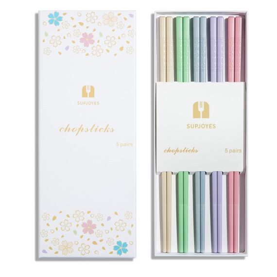 SUPJOYES 5 Paar Fiberglas Essstäbchen, Buntes Wiederverwendbare Japanische Essstäbchen, Essstäbchen Spülmaschinenfest, 24 cm, Kirschblüte Mustern, rutschfeste Stäbchen