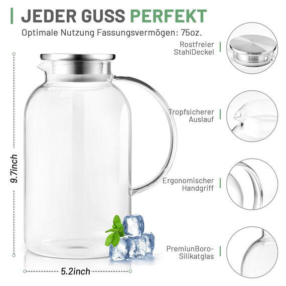 SUSTEAS 2.5 Liter 75oz Glaskaraffe mit Deckel, Leicht zu Reinigende Hitzebeständige Wasserkaraffe mit Griff für Heiße/Kalte Getränke - Wasser, Cold Brew, Eistee & Saft, Mit Bürste