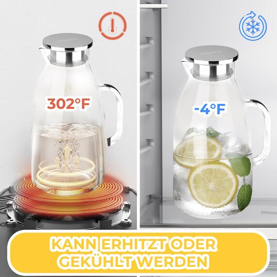 SUSTEAS 3.0 Liter 101 Unzen Wasserkaraffe, Glaskaraffe mit Deckel aus Borosilikatglas, Mundgeblasene Glaskaraffe, Wasserkrug, Glaskrug Benutzt für Eistee Heißes Kaltes Wasser Milch Kaffee Wein