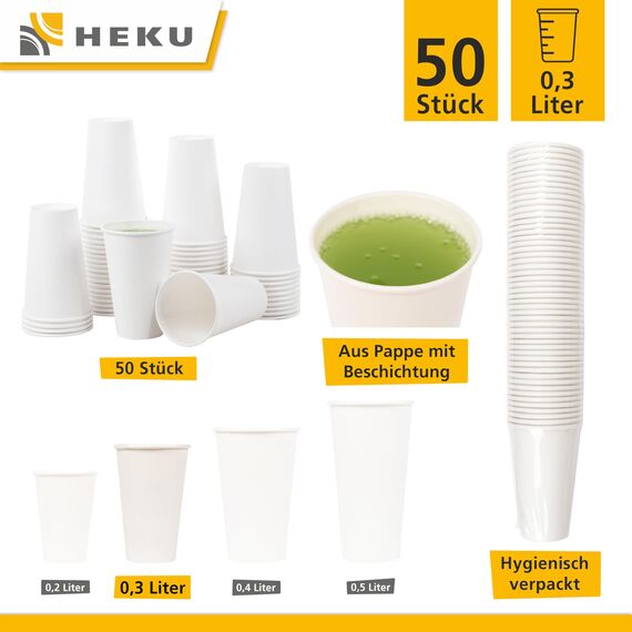 HEKU 50 weiße Pappbecher 0,3l | Frischfaser mit Beschichtung | Umweltfreundlich & recyclingfähig | FSC-Zertifiziert | Für Heiß- und Kaltgetränke | Ideal für Veranstaltungen, Büros und Cafés