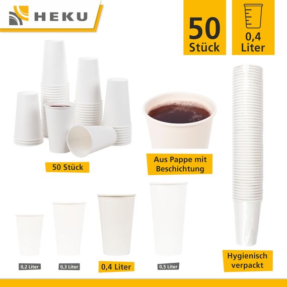 HEKU 50 weiße Pappbecher| Frischfaser mit Beschichtung | Umweltfreundlich & recyclingfähig | FSC-Zertifiziert | Für Heiß- und Kaltgetränke | Ideal für Veranstaltungen, Büros und Cafés, 0,4l