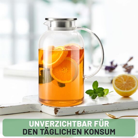 SUSTEAS 2.5 Liter 75oz Glaskaraffe mit Deckel, Leicht zu Reinigende Hitzebeständige Wasserkaraffe mit Griff für Heiße/Kalte Getränke - Wasser, Cold Brew, Eistee & Saft, Mit Bürste