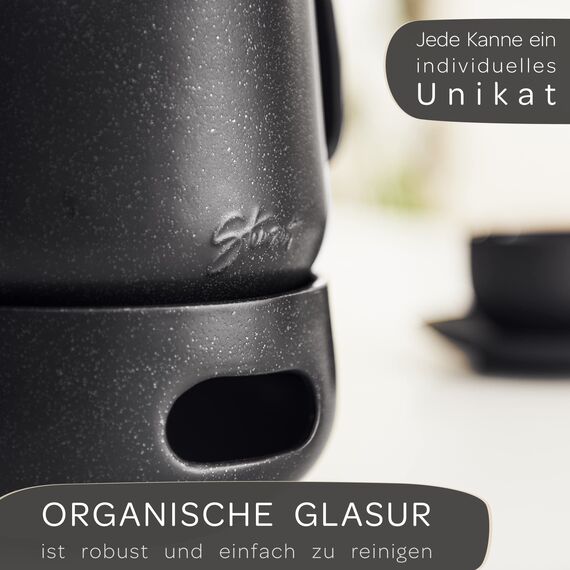 STEINZEIT Design Teekanne mit Stövchen (1,3L) – mit Siebeinsatz aus rostfreiem 304 Edelstahl – Keramik mit einzigartiger Glasur mit Sieb herausnehmbar , schwarz