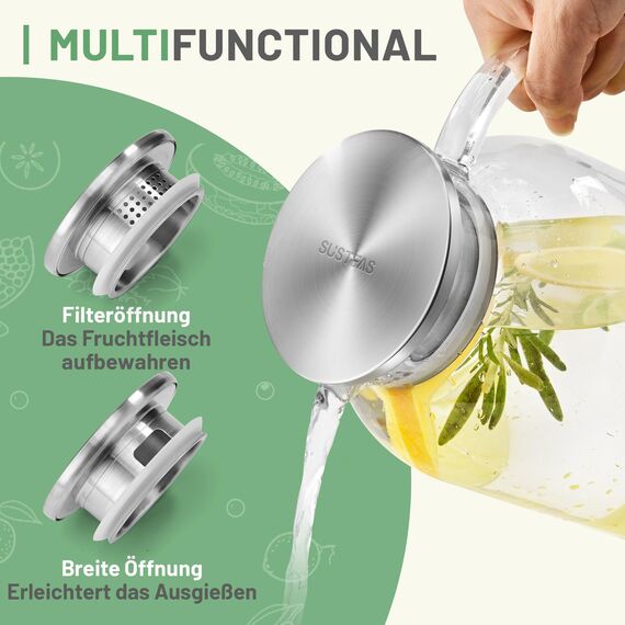 SUSTEAS 2.5 Liter 75oz Glaskaraffe mit Deckel, Leicht zu Reinigende Hitzebeständige Wasserkaraffe mit Griff für Heiße/Kalte Getränke - Wasser, Cold Brew, Eistee & Saft, Mit Bürste