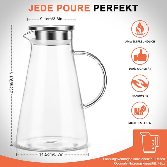 SUSTEAS 2 Liter Karaffe aus Glas mit Deckel - Schwenkkaraffe für Selbstgemachte Getränke, Eistee, Kaffee, Milch, Wein, Saft - Spülmaschinenfest & Ausgießer