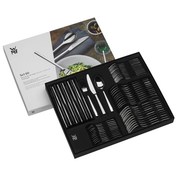 WMF Silk Besteck Set 12 Personen, Essbesteck 60 teilig, Monobloc-Messer, Cromargan Edelstahl mattiert, spülmaschinenfest