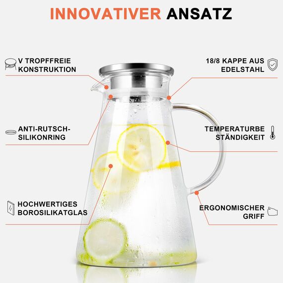 SUSTEAS 2 Liter Karaffe aus Glas mit Deckel - Schwenkkaraffe für Selbstgemachte Getränke, Eistee, Kaffee, Milch, Wein, Saft - Spülmaschinenfest & Ausgießer
