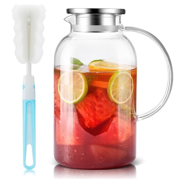 SUSTEAS 2.5 Liter 75oz Glaskaraffe mit Deckel, Leicht zu Reinigende Hitzebeständige Wasserkaraffe mit Griff für Heiße/Kalte Getränke - Wasser, Cold Brew, Eistee & Saft, Mit Bürste