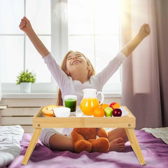 Betttablett Tisch mit klappbaren Beinen, Bambus Frühstück im Bett Essen, Servieren oder Verwendung als Serviertablett, Laptop-Schreibtisch, Snack-Tablett (Beige)