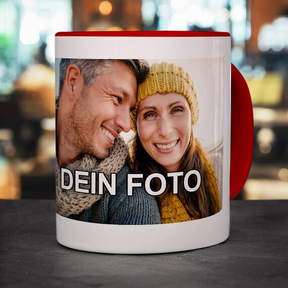 PhotoFancy® - Tasse mit Foto Bedrucken Lassen - Fototasse Personalisieren – Kaffeebecher zum selbst gestalten (Rot)