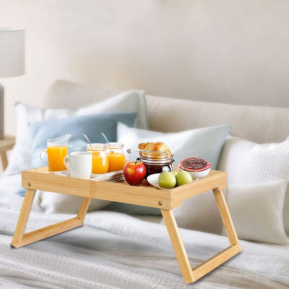 Betttablett Tisch mit klappbaren Beinen, Bambus Frühstück im Bett Essen, Servieren oder Verwendung als Serviertablett, Laptop-Schreibtisch, Snack-Tablett (Beige)