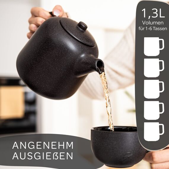STEINZEIT Design Teekanne mit Stövchen (1,3L) – mit Siebeinsatz aus rostfreiem 304 Edelstahl – Keramik mit einzigartiger Glasur mit Sieb herausnehmbar , schwarz