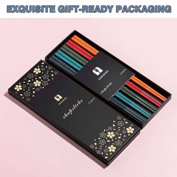 SUPJOYES 5 Paar Fiberglas-Essstäbchen, Buntes Wiederverwendbare Japanische Essstäbchen, Waschbar FüR GeschirrspüLer, 24 cm, Kirschblüte Mustern, Rutschfeste Stäbchen