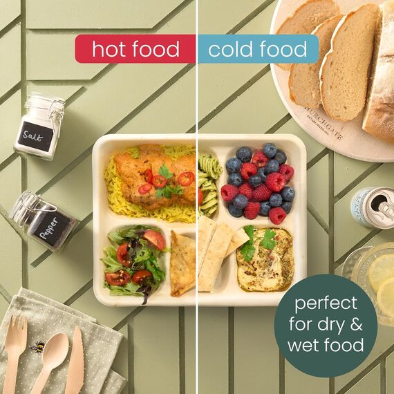 HAAGO 100 Kompostierbare Zuckerrohr Menüteller, 26 × 21 cm mit 5 Fächern - Stabile, Fett- & Auslaufsichere Pappteller – Biologisch Abbaubare Einwegteller, Portionsteller für Partys & Catering